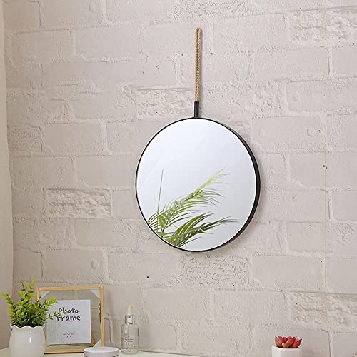 NZKW Espejo de Pared Redondo, Espejo Redondo con Correa de cordón Dorado, Espejo Colgante Redondo con Marco de Metal Cepillado para Dormitorio, Sala de Estar, baño, Negro-B
