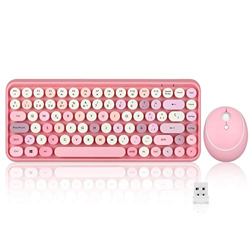 Perixx PERIDUO-713 Set de ratón y Mini Teclado inalámbrico 2.4 GHz, Teclas Retro Redondas, Rosado Pastel, Español QWERTY