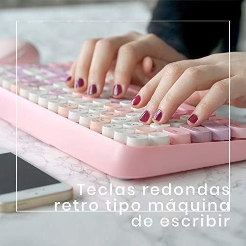 Perixx PERIDUO-713 Set de ratón y Mini Teclado inalámbrico 2.4 GHz, Teclas Retro Redondas, Rosado Pastel, Español QWERTY