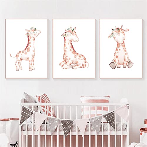 Póster nórdico de animales de dibujos animados, flor rosa, jirafa, arte de pared, lienzo, pintura, impresión de guardería, cuadros de pared, decoración de habitación para bebés y niños