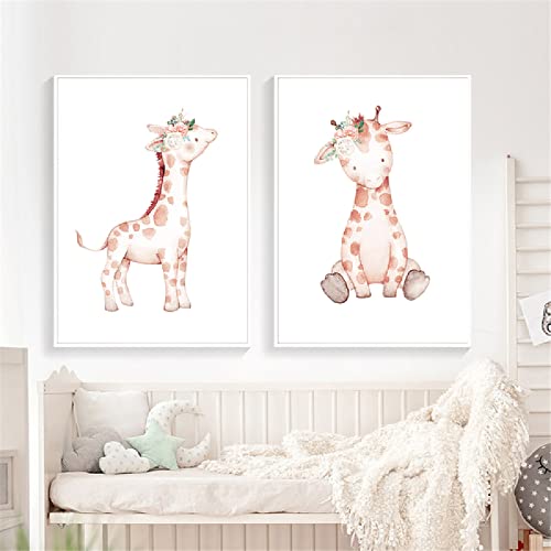Póster nórdico de animales de dibujos animados, flor rosa, jirafa, arte de pared, lienzo, pintura, impresión de guardería, cuadros de pared, decoración de habitación para bebés y niños