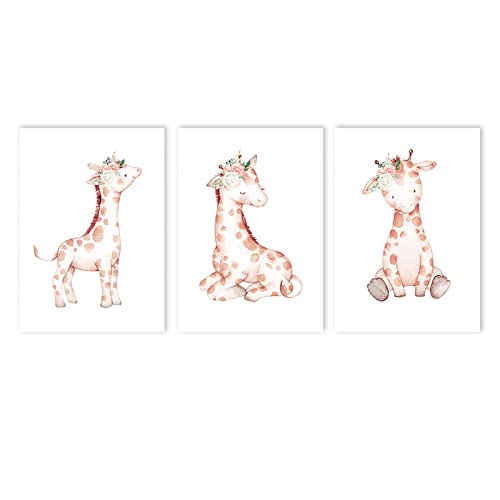 Póster nórdico de animales de dibujos animados, flor rosa, jirafa, arte de pared, lienzo, pintura, impresión de guardería, cuadros de pared, decoración de habitación para bebés y niños
