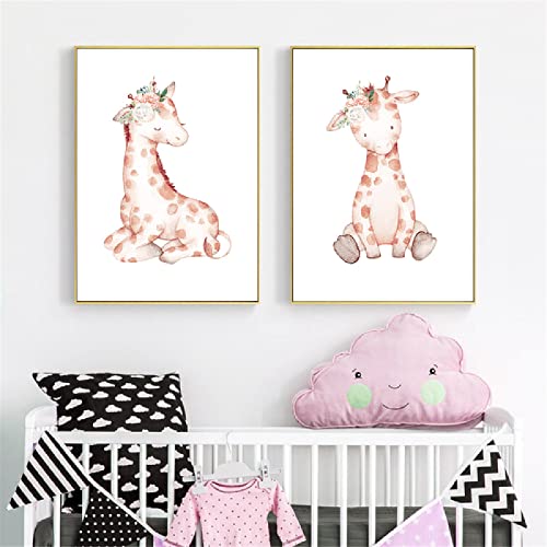 Póster nórdico de animales de dibujos animados, flor rosa, jirafa, arte de pared, lienzo, pintura, impresión de guardería, cuadros de pared, decoración de habitación para bebés y niños