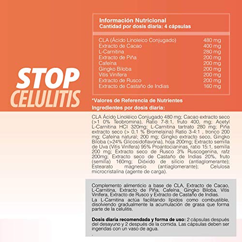 Potente Anticelulítico y Reductor Intensivo | Cápsulas reafirmantes y anticelulíticas naturales | Tonifica e hidrata la piel | Elimina la piel de naranja | CLA, L-Carnitina, Ginkgo Biloba | 100U.