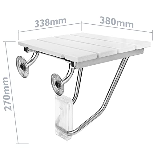 PrimeMatik - Asiento de Ducha abatible. Silla Plegable para Ancianos de plástico WPC y Acero Inoxidable 380 x 338 mm Blanca