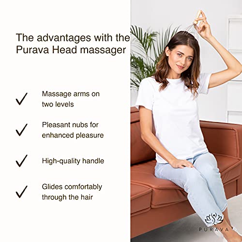 Purava (The Original) Masajeador de cabeza con concepto mejorado (2020) - Arrastre de cabeza de madera con 20 dedos - Regalo ideal - Masaje de cabeza Premium