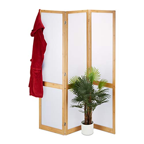 Relaxdays Biombo de 3 Paneles, Separador Ambientes, Parabán Decorativo, Bambú y Plástico, 1 Ud, 180x135x1,5 cm, Marrón