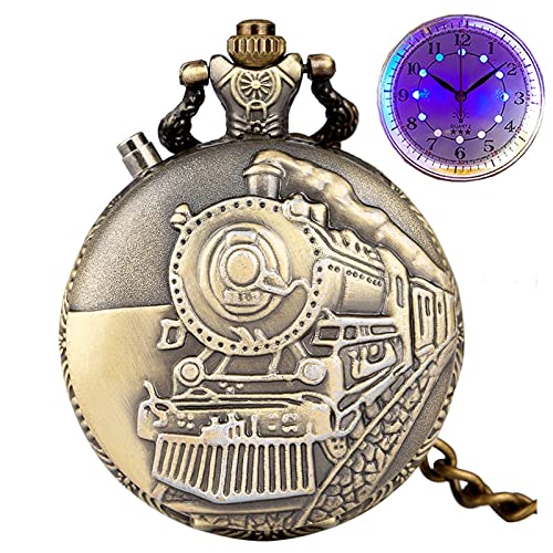 Reloj De Bolsillo De Cuarzo - Led Flash Luminoso Vintage Dial Reloj De Bolsillo De Cuarzo Cadena Bronce Tallado Tren De Vapor Steampunk Motor Railway Reloj Retro Hora, Tren De Bronce, Cadena Grues
