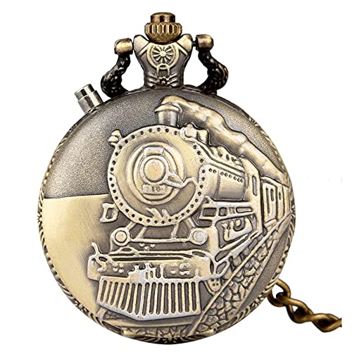 Reloj De Bolsillo De Cuarzo - Led Flash Luminoso Vintage Dial Reloj De Bolsillo De Cuarzo Cadena Bronce Tallado Tren De Vapor Steampunk Motor Railway Reloj Retro Hora, Tren De Bronce, Cadena Grues