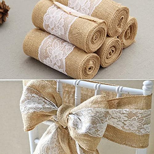 sdfpj 245 cm * 15cm Burlap Hessian Ribbon con Fajas de Encaje for la decoración de la Fiesta de la Boda 2pc