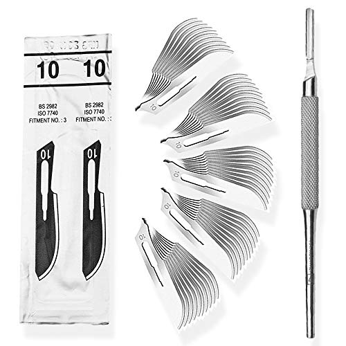 Set - 50 piezas hojas de bisturí No. 10 y mango de bisturí No. 3 - Hojas de repuesto para bisturí hechas de acero al carbono - Estéril
