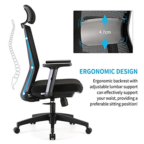 SIHOO Silla de Oficina en Casa, Silla de Escritorio con Soporte Lumbar Ajustable y apoyabrazos, Respaldo de Malla Transpirable y Asiento Acolchado (Negro)