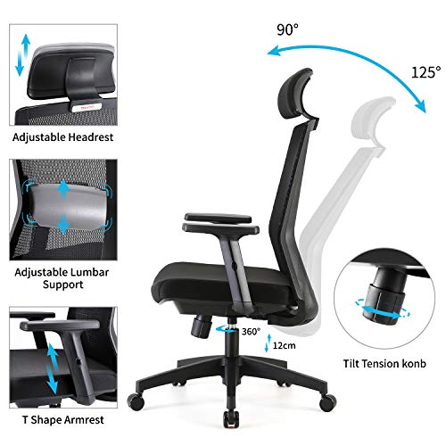 SIHOO Silla de Oficina en Casa, Silla de Escritorio con Soporte Lumbar Ajustable y apoyabrazos, Respaldo de Malla Transpirable y Asiento Acolchado (Negro)