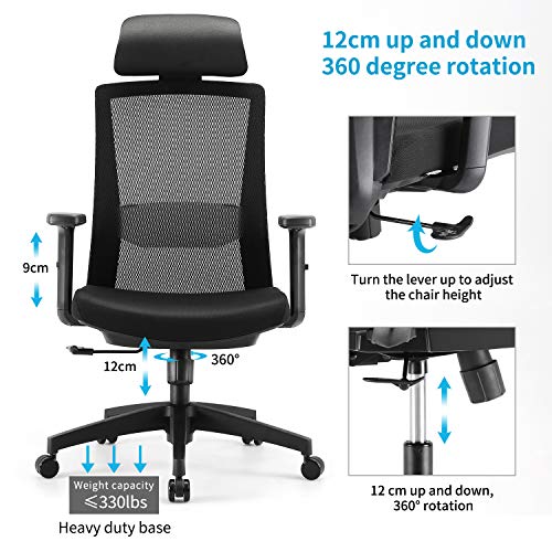 SIHOO Silla de Oficina en Casa, Silla de Escritorio con Soporte Lumbar Ajustable y apoyabrazos, Respaldo de Malla Transpirable y Asiento Acolchado (Negro)
