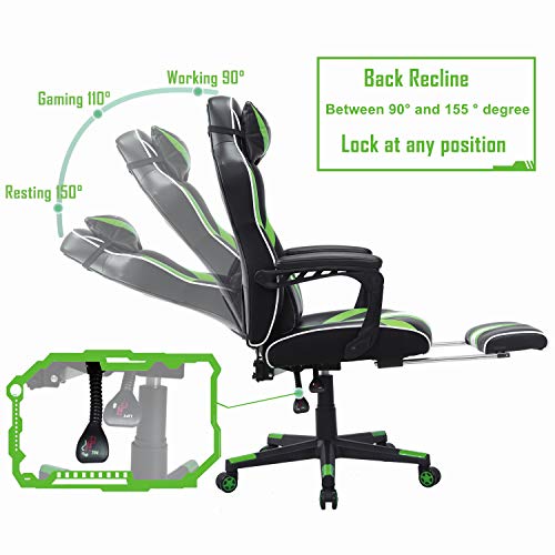 Silla de Juego Gaming para Adultos, Silla Gaming con Reposapiés, Silla Ergonómica Racing, Silla Gamer Grande e Alto, Masaje Silla Gaming, Silla Gaming Giratoria, Silla Gaming de Oficina (Verde)