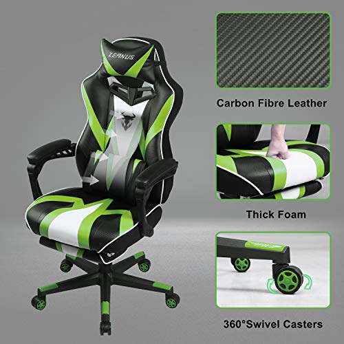 Silla de Juego Gaming para Adultos, Silla Gaming con Reposapiés, Silla Ergonómica Racing, Silla Gamer Grande e Alto, Masaje Silla Gaming, Silla Gaming Giratoria, Silla Gaming de Oficina (Verde)