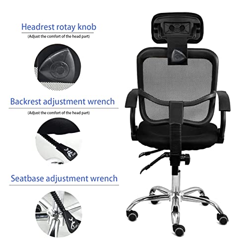 Silla de Oficina, Silla Ergonómica para Escritorio de Oficina, Silla Giratoria con Reposacabezas, Soporte para Lordosis, Apoyabrazos y Respaldo, Regulable en Altura, Carga hasta 130 Kg