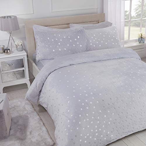 Sleepdown 5056242741244 Ropa de Cama de Forro Polar con diseño de Lunares, Color Gris, Juego edredón y Fundas de Almohada, Matrimonio