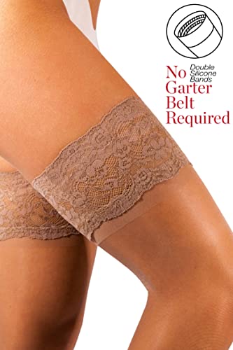 sofsy Medias de Mujer Hasta el Muslo – Medias con Encaje y Sujeción de Silicona – Medias de Compresión de Mujer 20 Den - Medias de Nailon Hechas en Italia Tan 3/4 - Medium/Large