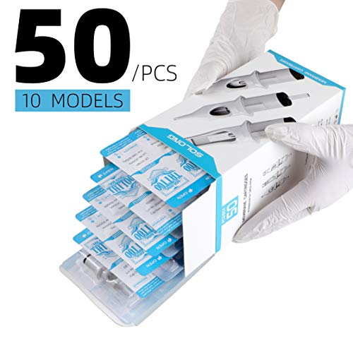 Solong Tatuaje Agujas (50 Piezas Mezcladas RL RS M1) Tatttoo Needle # 12 Cartuchos de Seguridad Profesionales Esterilizados Desechables Estándar EN02D-50KIT-B