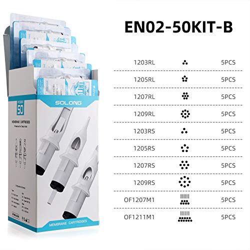 Solong Tatuaje Agujas (50 Piezas Mezcladas RL RS M1) Tatttoo Needle # 12 Cartuchos de Seguridad Profesionales Esterilizados Desechables Estándar EN02D-50KIT-B