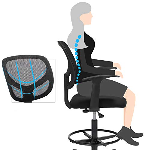 SONGMICS Silla con Reposabrazos, Silla de Oficina de Malla, Silla de Pintura Ergonómica con Reposapiés Regulable en Altura, Taburete Giratorio para Tareas de 360°, Negro OBN25BK