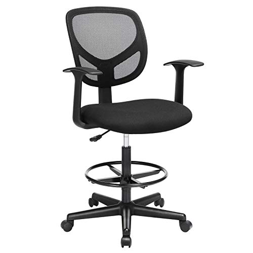 SONGMICS Silla con Reposabrazos, Silla de Oficina de Malla, Silla de Pintura Ergonómica con Reposapiés Regulable en Altura, Taburete Giratorio para Tareas de 360°, Negro OBN25BK