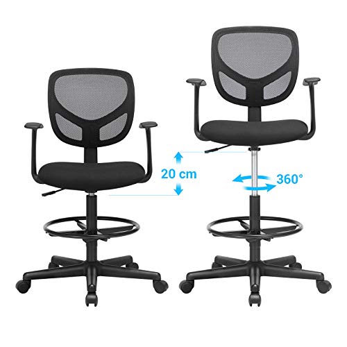 SONGMICS Silla con Reposabrazos, Silla de Oficina de Malla, Silla de Pintura Ergonómica con Reposapiés Regulable en Altura, Taburete Giratorio para Tareas de 360°, Negro OBN25BK