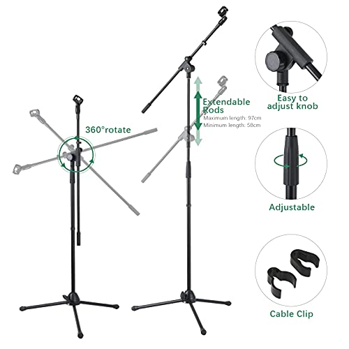 Soporte Microfono Pie, Mugig TríPode Soporte para MicróFono con Mastil y Pinza, Pie portátil de MicróFono, Rotación de 360 Grados Ajustable en Altura y Longitud para Escenario, Conferencia, Actuación
