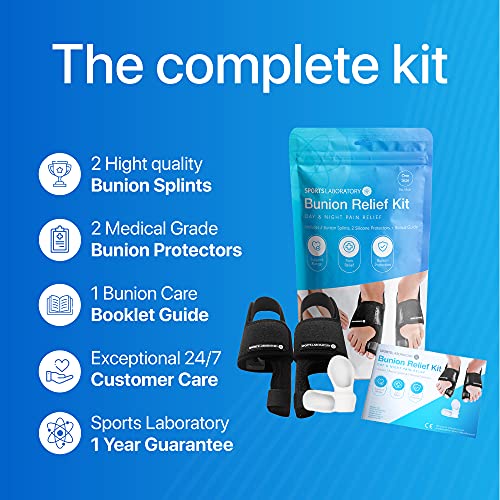 Sports Laboratory Set Corrector de Juanetes Ajustable - Kit Día/Noche - Alivia el Dolor y Protege - 2 Férulas para Juanetes, 2 Correctores Gel Dedo Gordo y 1 Guía sobre Alivio del Dolor