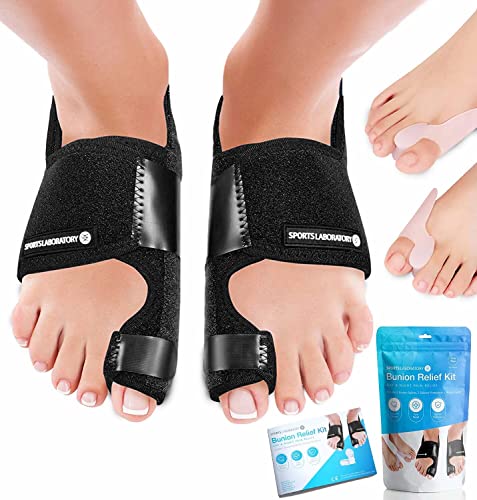 Sports Laboratory Set Corrector de Juanetes Ajustable - Kit Día/Noche - Alivia el Dolor y Protege - 2 Férulas para Juanetes, 2 Correctores Gel Dedo Gordo y 1 Guía sobre Alivio del Dolor