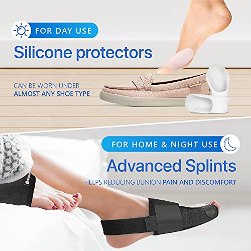 Sports Laboratory Set Corrector de Juanetes Ajustable - Kit Día/Noche - Alivia el Dolor y Protege - 2 Férulas para Juanetes, 2 Correctores Gel Dedo Gordo y 1 Guía sobre Alivio del Dolor