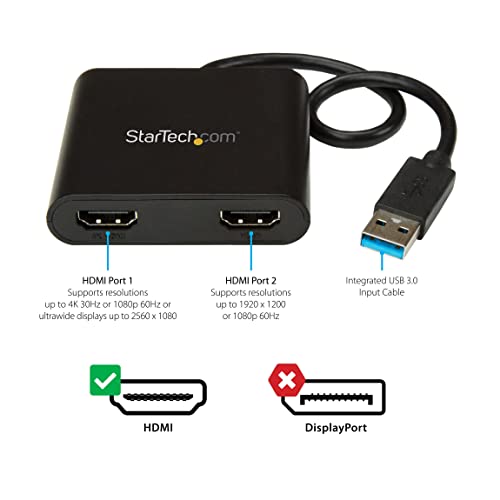 StarTech.com Adaptador USB 3.0 a 2 Puertos HDMI - 2 Puertos a 1080p o 1x 4K 30Hz - Tarjeta Gráfica de Vídeo Externa - Adaptador USB 2xHDMI - Compatible Solamente con Windows - Negro (USB32HD2)