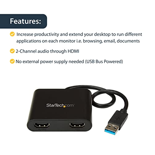 StarTech.com Adaptador USB 3.0 a 2 Puertos HDMI - 2 Puertos a 1080p o 1x 4K 30Hz - Tarjeta Gráfica de Vídeo Externa - Adaptador USB 2xHDMI - Compatible Solamente con Windows - Negro (USB32HD2)