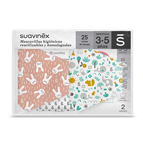 SUAVINEX Mascarillas Infantiles 3-5 Años Higiénicas Reutilizables Certificadas y Homologadas. 3 Capas. 25 Ciclos de Lavado. Fabricadas en España, 2 Unidades, Rosa 30 g