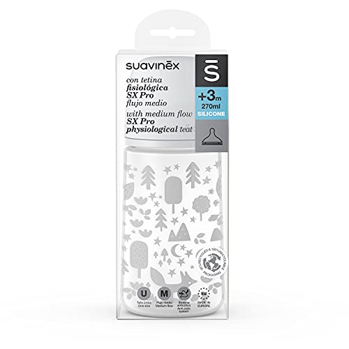 SUAVINEX Nuevo Biberón Con Tetina Fisiológica Sx Pro Flujo Medio, Para Bebés +0 Meses, color Gris, 270 ml