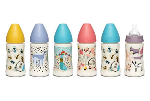 Suavinex Pret-a-porter Biberón +0 Meses con Tetina Redonda 3 Posiciones de Silicona, Azul (Abejitas), 270 ml