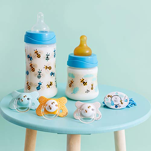 Suavinex Pret-a-porter Biberón +0 Meses con Tetina Redonda 3 Posiciones de Silicona, Azul (Abejitas), 270 ml