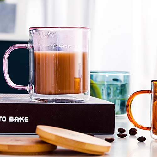 Tazas de Vidrio Doble Pared de Color con Mango y Tapa (275ml), Candiicap Tazas de Café para Bebidas Frías y Calientes, Vasos Termicos para Desayuno, Té, Leche, Latte, Capuchino