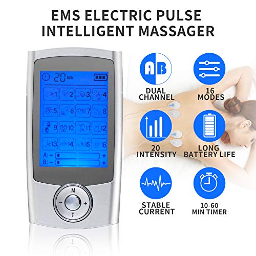 Tens Machine para aliviar el dolor, Mini Tens Unit Estimulador muscular con 16 modos, Masajeador de pulso electrónico EMS recargable por USB con 10 almohadillas de masaje de repuesto -Paquete familiar