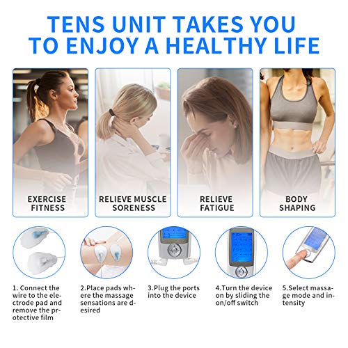 Tens Machine para aliviar el dolor, Mini Tens Unit Estimulador muscular con 16 modos, Masajeador de pulso electrónico EMS recargable por USB con 10 almohadillas de masaje de repuesto -Paquete familiar