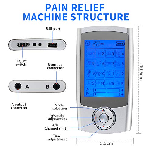 Tens Machine para aliviar el dolor, Mini Tens Unit Estimulador muscular con 16 modos, Masajeador de pulso electrónico EMS recargable por USB con 10 almohadillas de masaje de repuesto -Paquete familiar