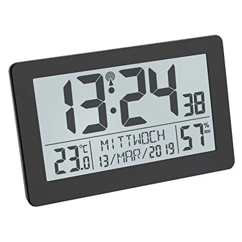 TFA Dostmann 60.2557.01 - Reloj de Pared Digital controlado por Radio, Pantalla Grande, indicador de Temperatura, Fecha, día de la Semana, plástico, Color Negro, 206 x 30 x 130 mm