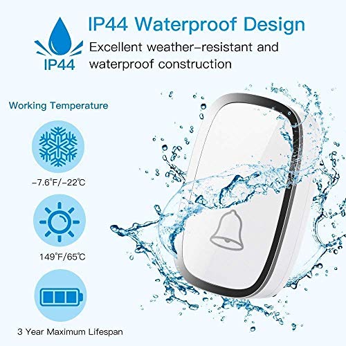 Timbre Inalámbrico para Puerta, Timbre impermeable para exteriores y interiores, Alcance a 300m, 4 Volúmenes Ajustables y 36 Tonos, Timbre para Puerta,para Oficina, Hotel, Casa y Más, con LED Flasch