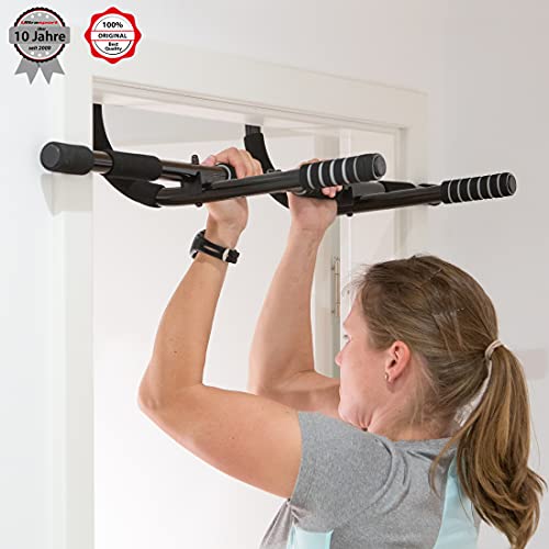 Ultrasport Barra de dominadas, barra fija para puerta, aparato multifunción para entrenar el tren superior en casa y en la oficina, pull up bar, flexiones, para diversos ejercicios, Negro