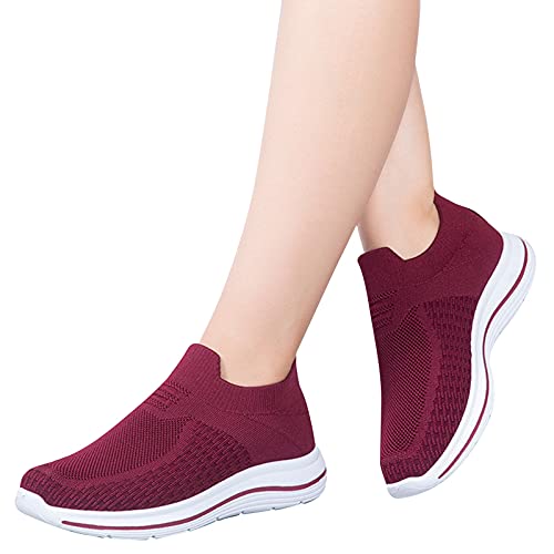 URIBAKY Zapatillas de running ligeras, cómodas, zapatillas planas de color liso de moda de mujer, zapatos de deporte, zapatillas de correr, transpirables, atléticas cortas, rojo, 40 EU