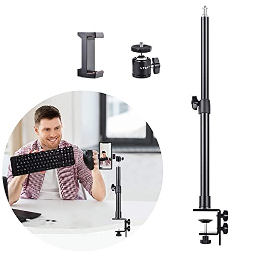 UTEBIT Soporte Webcam, 35-59 cm Ajustable Soporte Camara con Tornillo de 1/4 ' Soporte de Luz de Mesa con Abrazadera para Teléfono y Mini Rótula para Luz de Anillo Luz LED Teléfonos Cámaras DSLR