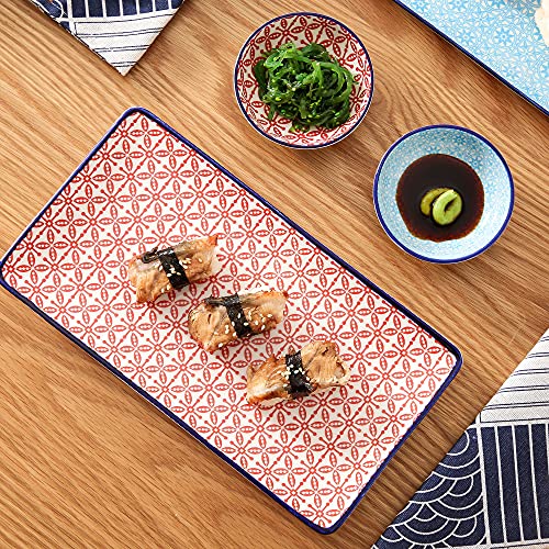 vancasso Serie Macaron, Vajillas de Sushi 6 Piezas Japonés para 2 Personas, 2 Platos Rectángulo 2 mini Platos Salsa, color azul y rojo