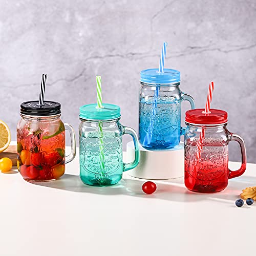 Vaso con asa y tapa de 350 ml, degradado de color con pajita, para conservas, bebidas frías, cristal (transparente)