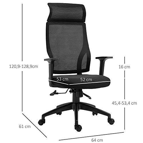 Vinsetto Silla de Oficina Ergonómica Silla de Escritorio Giratoria Ajustable en Altura y Reclinable hasta 120° Bloqueo de Posición 64x61x120,9-128,9 cm Negro